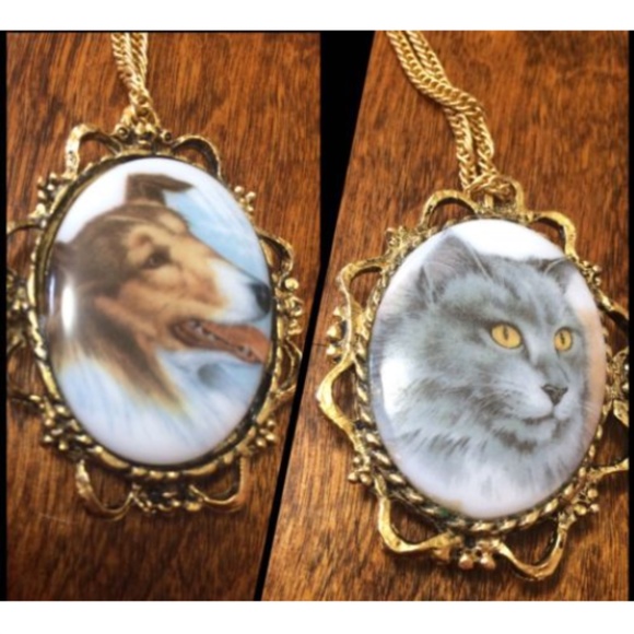 vintage Jewelry - Vintage Brass Cameo Cat Dog 14" drop Necklace